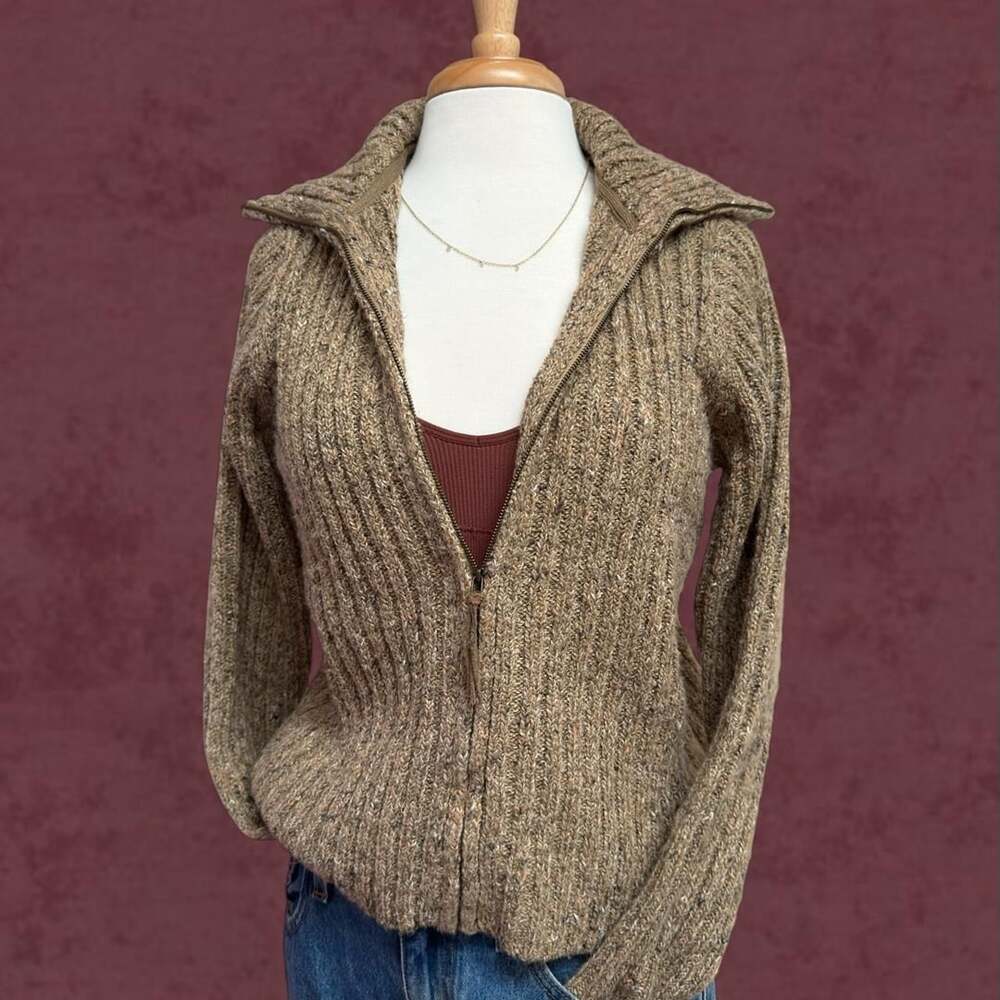 Charter Club Petite Zip Cardigan Sweater P/L Oatmeal Chunky Ribbed Knit